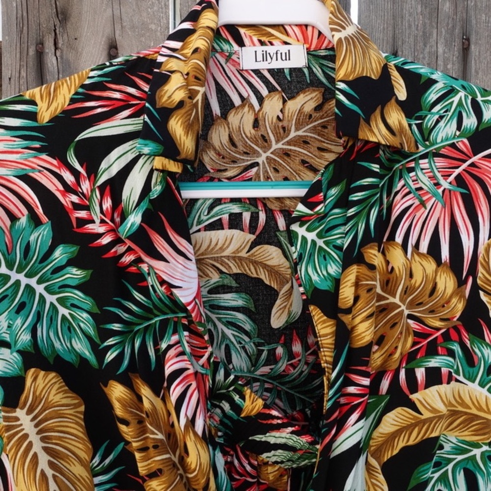Tropical Leaf Print Blouse and High waisted Shorts Set